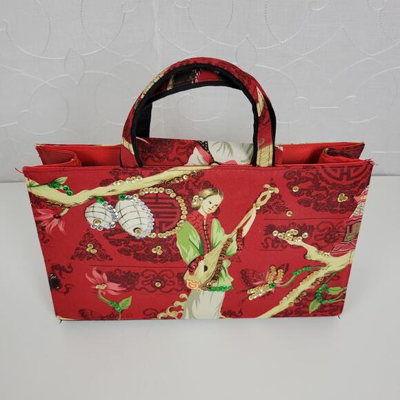 Modella Womens Handbag 11.5" x 8 Red Asian Motif Sequined Double Strap - Picture 6 of 15